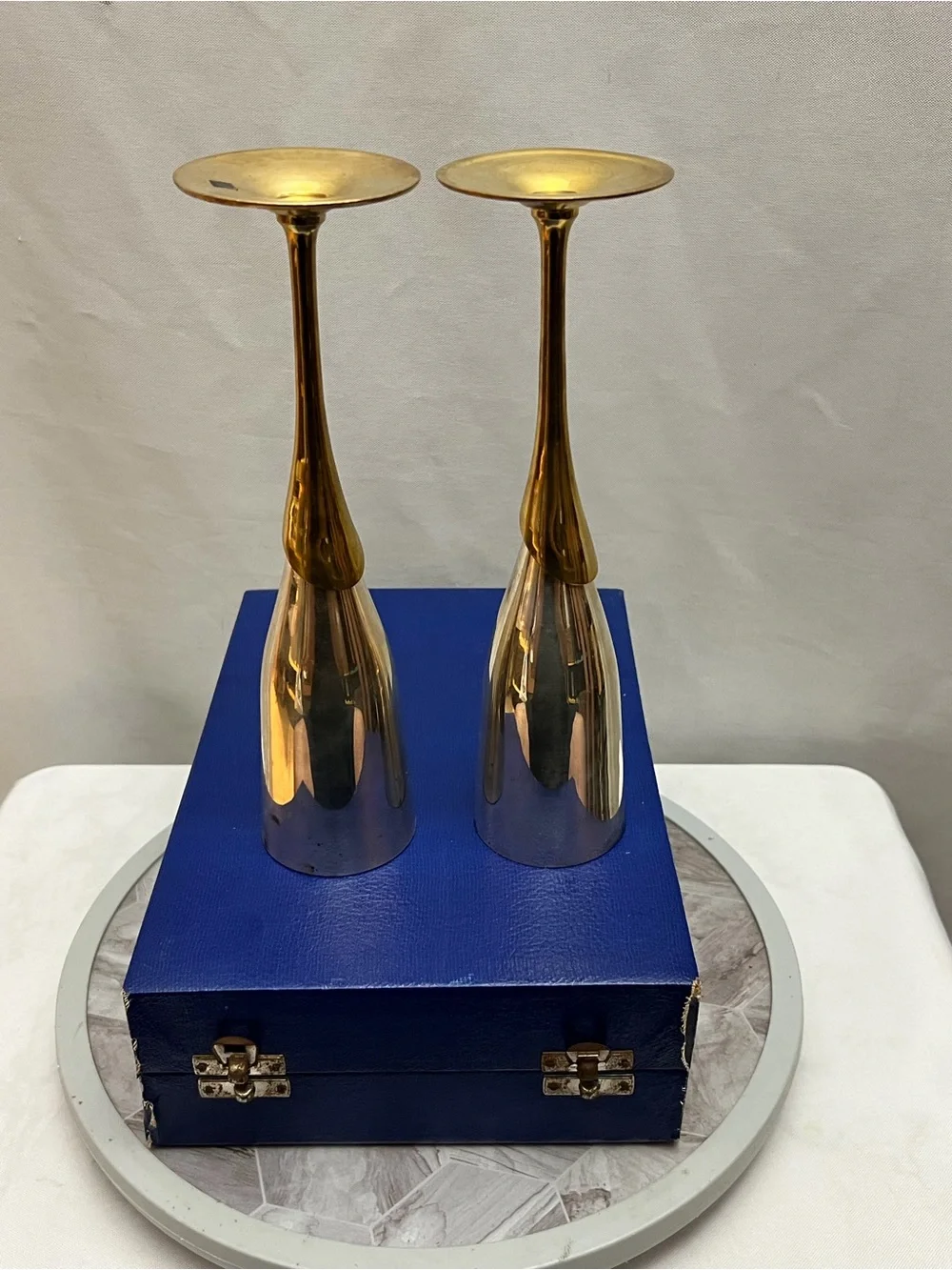 Vintage EPNS Champagne Flutes Pair Silver Gold Tone India Blue Case 10.5”
